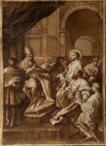 Scuola romana, secolo XVII - Santo rende omaggio ad un Papa