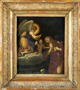Scuola bolognese, secolo XVII : Comunione di Maria Maddalena  - Asta Dipinti e Disegni Antichi - Associazione Nazionale - Case d'Asta italiane