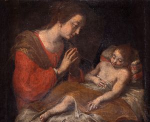 Scuola dell'Italia settentrionale, secolo XVII - Madonna in adorazione del Bambino