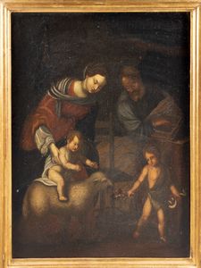 Scuola italiana, secolo XVII : Sacra Famiglia con San Giovannino  - Asta Dipinti e Disegni Antichi - Associazione Nazionale - Case d'Asta italiane