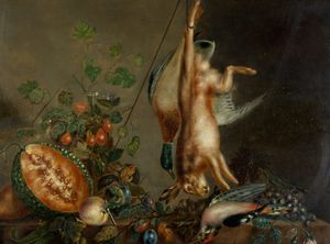 Seguace di Cornelis de Heem - Natura morta con cacciagione e frutta su un tavolo