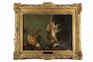 Seguace di Cornelis de Heem : Natura morta con cacciagione e frutta su un tavolo  - Asta Dipinti e Disegni Antichi - Associazione Nazionale - Case d'Asta italiane