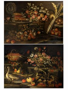 Scuola emiliana, fine secolo XVII - inizio secolo XVIII - Natura morta con frutta, funghi, fiori e cardo; e Natura morta con cesta di fiori, frutta, ortaggi e volatile,  en pendant