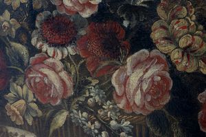 Scuola emiliana, fine secolo XVII - inizio secolo XVIII : Natura morta con frutta, funghi, fiori e cardo; e Natura morta con cesta di fiori, frutta, ortaggi e volatile,  en pendant  - Asta Dipinti e Disegni Antichi - Associazione Nazionale - Case d'Asta italiane