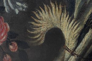 Scuola emiliana, fine secolo XVII - inizio secolo XVIII : Natura morta con frutta, funghi, fiori e cardo; e Natura morta con cesta di fiori, frutta, ortaggi e volatile,  en pendant  - Asta Dipinti e Disegni Antichi - Associazione Nazionale - Case d'Asta italiane