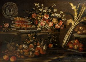 Scuola emiliana, fine secolo XVII - inizio secolo XVIII : Natura morta con frutta, funghi, fiori e cardo; e Natura morta con cesta di fiori, frutta, ortaggi e volatile,  en pendant  - Asta Dipinti e Disegni Antichi - Associazione Nazionale - Case d'Asta italiane