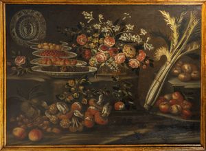 Scuola emiliana, fine secolo XVII - inizio secolo XVIII : Natura morta con frutta, funghi, fiori e cardo; e Natura morta con cesta di fiori, frutta, ortaggi e volatile,  en pendant  - Asta Dipinti e Disegni Antichi - Associazione Nazionale - Case d'Asta italiane