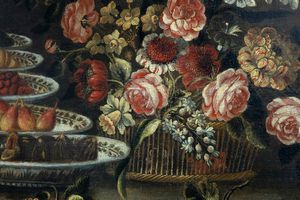 Scuola emiliana, fine secolo XVII - inizio secolo XVIII : Natura morta con frutta, funghi, fiori e cardo; e Natura morta con cesta di fiori, frutta, ortaggi e volatile,  en pendant  - Asta Dipinti e Disegni Antichi - Associazione Nazionale - Case d'Asta italiane