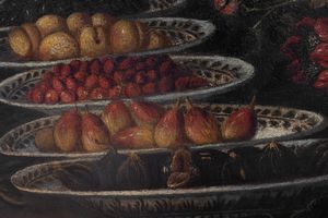 Scuola emiliana, fine secolo XVII - inizio secolo XVIII : Natura morta con frutta, funghi, fiori e cardo; e Natura morta con cesta di fiori, frutta, ortaggi e volatile,  en pendant  - Asta Dipinti e Disegni Antichi - Associazione Nazionale - Case d'Asta italiane