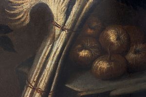 Scuola emiliana, fine secolo XVII - inizio secolo XVIII : Natura morta con frutta, funghi, fiori e cardo; e Natura morta con cesta di fiori, frutta, ortaggi e volatile,  en pendant  - Asta Dipinti e Disegni Antichi - Associazione Nazionale - Case d'Asta italiane