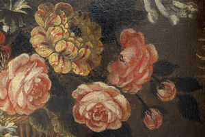 Scuola emiliana, fine secolo XVII - inizio secolo XVIII : Natura morta con frutta, funghi, fiori e cardo; e Natura morta con cesta di fiori, frutta, ortaggi e volatile,  en pendant  - Asta Dipinti e Disegni Antichi - Associazione Nazionale - Case d'Asta italiane