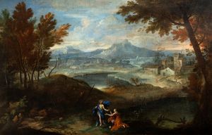 Scuola emiliana, secolo XVII - Paesaggio fluviale con Noli me tangere
