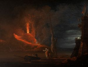 Scuola francese, fine secolo XVIII - inizio secolo XIX - Notturno con Vesuvio in eruzione e astanti in primo piano