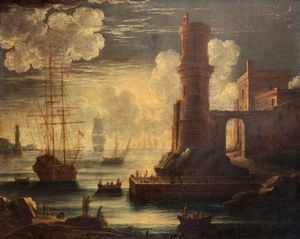 Scuola napoletana, fine secolo XVII - inizi secolo XVIII - Veduta di porto mediterraneo con velieri e astanti