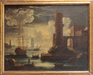 Scuola napoletana, fine secolo XVII - inizi secolo XVIII : Veduta di porto mediterraneo con velieri e astanti  - Asta Dipinti e Disegni Antichi - Associazione Nazionale - Case d'Asta italiane