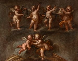 Scuola italiana, secolo XVII - Studio per elemento architettonico con angeli e simboli della Passione