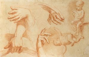 Scuola italiana, secolo XVII - Studio di mani e di bimbo (recto); e Studio di mani (verso)