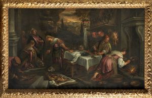 Bottega dei Bassano : Cristo a casa di Marta, Maria e Lazzaro  - Asta Dipinti e Disegni Antichi - Associazione Nazionale - Case d'Asta italiane