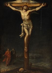 Scuola spagnola, fine secolo XVI : Cristo in croce con i dolenti  - Asta Dipinti e Disegni Antichi - Associazione Nazionale - Case d'Asta italiane