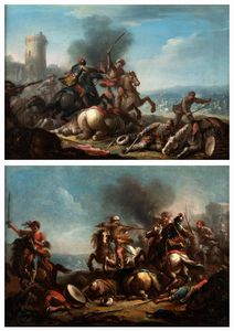 Cerchia di Francesco Simonini (Parma, 1686 – Venezia o Firenze, 1755 o 1753) - Due scene di battaglia, en pendant
