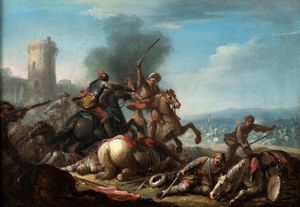 Cerchia di Francesco Simonini (Parma, 1686 – Venezia o Firenze, 1755 o 1753) : Due scene di battaglia, en pendant  - Asta Dipinti e Disegni Antichi - Associazione Nazionale - Case d'Asta italiane