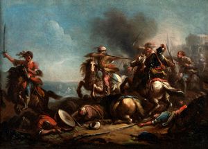 Cerchia di Francesco Simonini (Parma, 1686 – Venezia o Firenze, 1755 o 1753) : Due scene di battaglia, en pendant  - Asta Dipinti e Disegni Antichi - Associazione Nazionale - Case d'Asta italiane