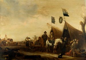 Scuola olandese, secolo XVIII - Cavalieri e viandanti presso un accampamento