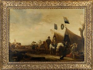 Scuola olandese, secolo XVIII : Cavalieri e viandanti presso un accampamento  - Asta Dipinti e Disegni Antichi - Associazione Nazionale - Case d'Asta italiane