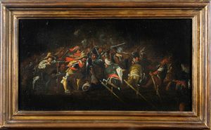 Scuola dell'Italia settentrionale, secolo XVII : Scena di battaglia  - Asta Dipinti e Disegni Antichi - Associazione Nazionale - Case d'Asta italiane