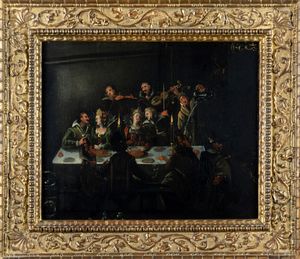 Artista fiammingo attivo a Venezia, secolo XVII : Scena di banchetto  - Asta Dipinti e Disegni Antichi - Associazione Nazionale - Case d'Asta italiane