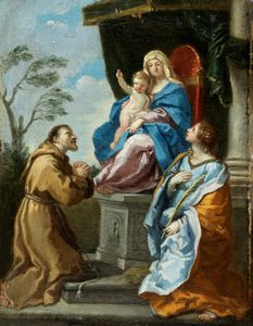 Scuola emiliana, secolo XVII - Madonna con Bambino in trono, san Francesco d'Assisi e santa Caterina d'Alessandria
