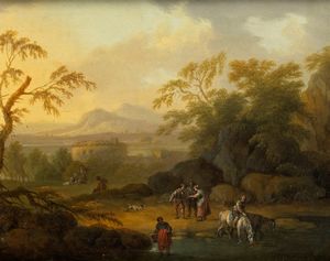 Maniera di Jacob Izaaksoon van Ruisdael - Paesaggio fluviale con viandanti