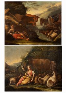Pittore fiammingo attivo in Italia, secolo XVII - Due paesaggi con pastori e armenti, en pendant
