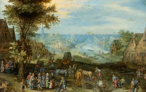 Cerchia di Sebastiaan Vrancx (Anversa, 1573 – 1647) - Veduta di villaggio con scena di vita popolare