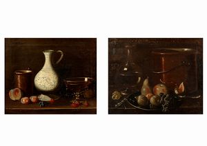 Scuola dell'Italia centrale, secolo XVIII - Due nature morte con frutta, vasellame e vetri su un tavolo, en pendant