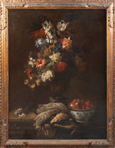 Scuola francese, fine secolo XVII - inizi secolo XVIII - Trionfo di fiori con cacciagione e ciotola di frutti di bosco