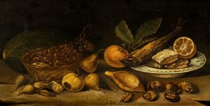 Scuola lombarda, secolo XVII - Natura morta con frutti e aringa