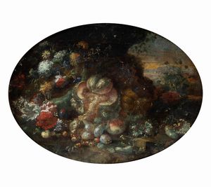 Scuola italiana, secolo XVIII - Natura morta di fiori e frutti en plein air
