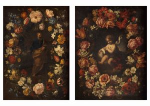 Scuola dell'Italia settentrionale, secolo XVII - San Pietro e San Giovannino entro ghirlande di fiori,  en pendant