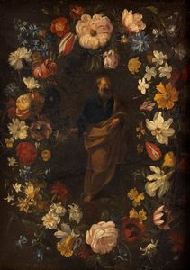 Scuola dell'Italia settentrionale, secolo XVII : San Pietro e San Giovannino entro ghirlande di fiori,  en pendant  - Asta Dipinti e Disegni Antichi - Associazione Nazionale - Case d'Asta italiane