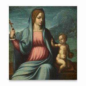 Scuola fiorentina, prima metà del secolo XVI : Madonna con Bambino in un paesaggio  - Asta Dipinti e Disegni Antichi - Associazione Nazionale - Case d'Asta italiane