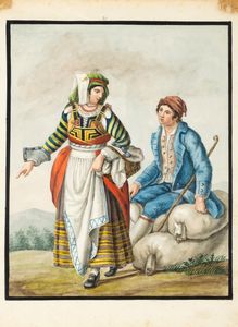 Scuola napoletana, fine secolo XVIII - inizi secolo XIX : Dodici disegni raffiguranti costumi popolari di Abruzzo e Molise  - Asta Dipinti e Disegni Antichi - Associazione Nazionale - Case d'Asta italiane