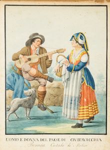 Scuola napoletana, fine secolo XVIII - inizi secolo XIX : Dodici disegni raffiguranti costumi popolari di Abruzzo e Molise  - Asta Dipinti e Disegni Antichi - Associazione Nazionale - Case d'Asta italiane