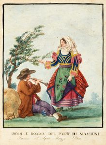 Scuola napoletana, fine secolo XVIII - inizi secolo XIX : Dodici disegni raffiguranti costumi popolari di Abruzzo e Molise  - Asta Dipinti e Disegni Antichi - Associazione Nazionale - Case d'Asta italiane