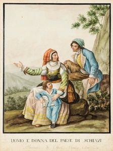 Scuola napoletana, fine secolo XVIII - inizi secolo XIX : Dodici disegni raffiguranti costumi popolari di Abruzzo e Molise  - Asta Dipinti e Disegni Antichi - Associazione Nazionale - Case d'Asta italiane