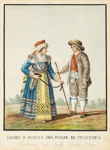 Scuola napoletana, fine secolo XVIII - inizi secolo XIX : Dodici disegni raffiguranti costumi popolari di Abruzzo e Molise  - Asta Dipinti e Disegni Antichi - Associazione Nazionale - Case d'Asta italiane