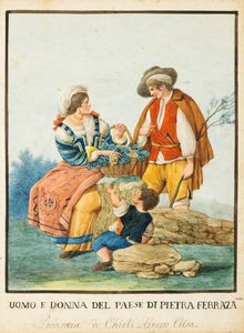 Scuola napoletana, fine secolo XVIII - inizi secolo XIX : Dodici disegni raffiguranti costumi popolari di Abruzzo e Molise  - Asta Dipinti e Disegni Antichi - Associazione Nazionale - Case d'Asta italiane