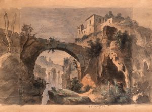 Scuola italiana, seconda metà del secolo XIX - Veduta di borgo con sperone roccioso, cascata e ponte (Tivoli?)