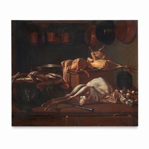 Attribuito a Evaristo Baschenis (Bergamo, 1617 – 1677) - Natura morta con pollame, pesci, padella, cassetta, cavoli, lumache e pentole