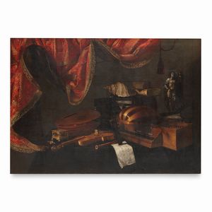 Attribuito a Evaristo Baschenis (Bergamo, 1617 – 1677) - Strumenti musicali, foglio con spartito, libri, conchiglia, scrigno, statuetta di Davide e tenda